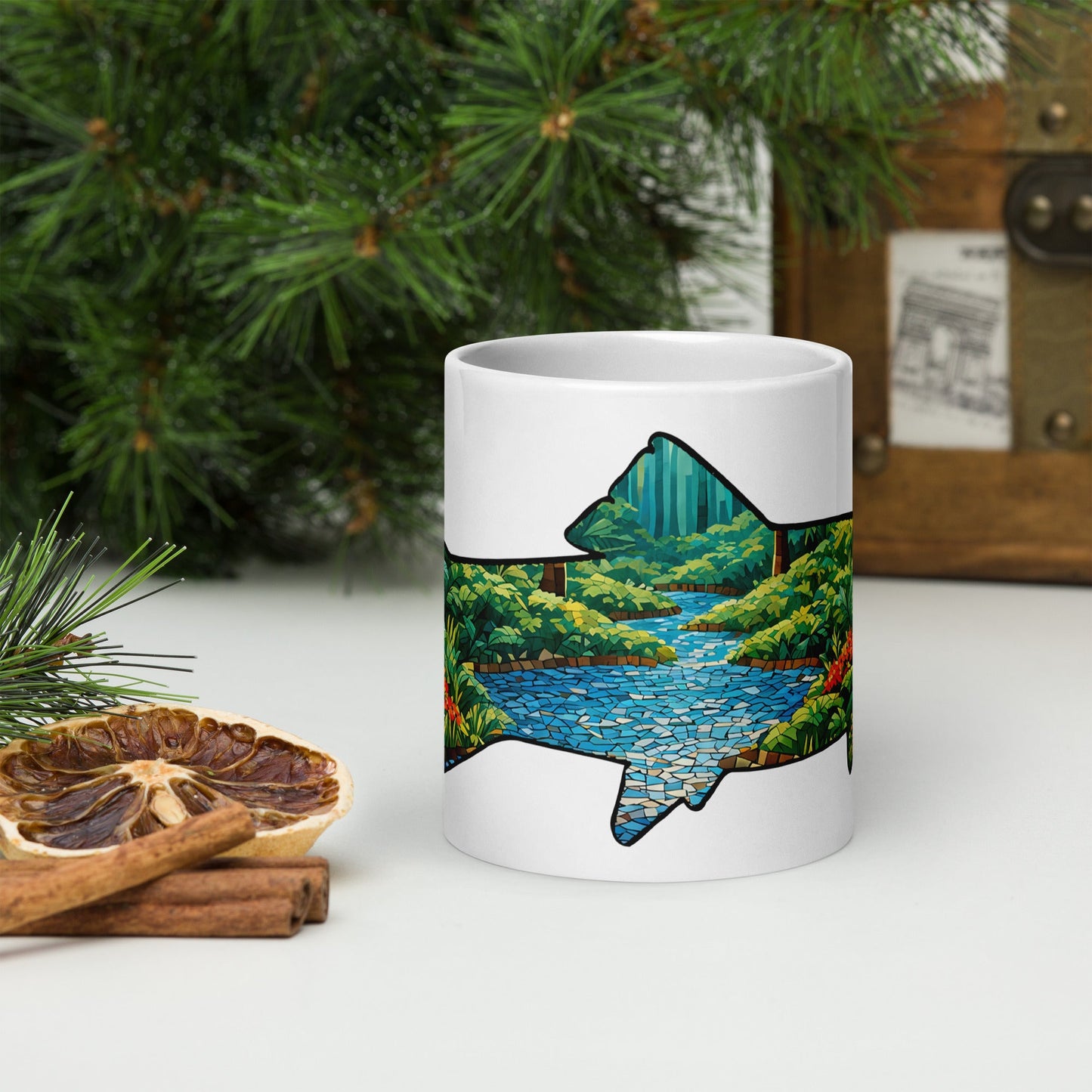 Mosaic Forest Trout White Glossy Mug (11 oz, 15 oz, 20 oz) - Mugs - Discovery Co.