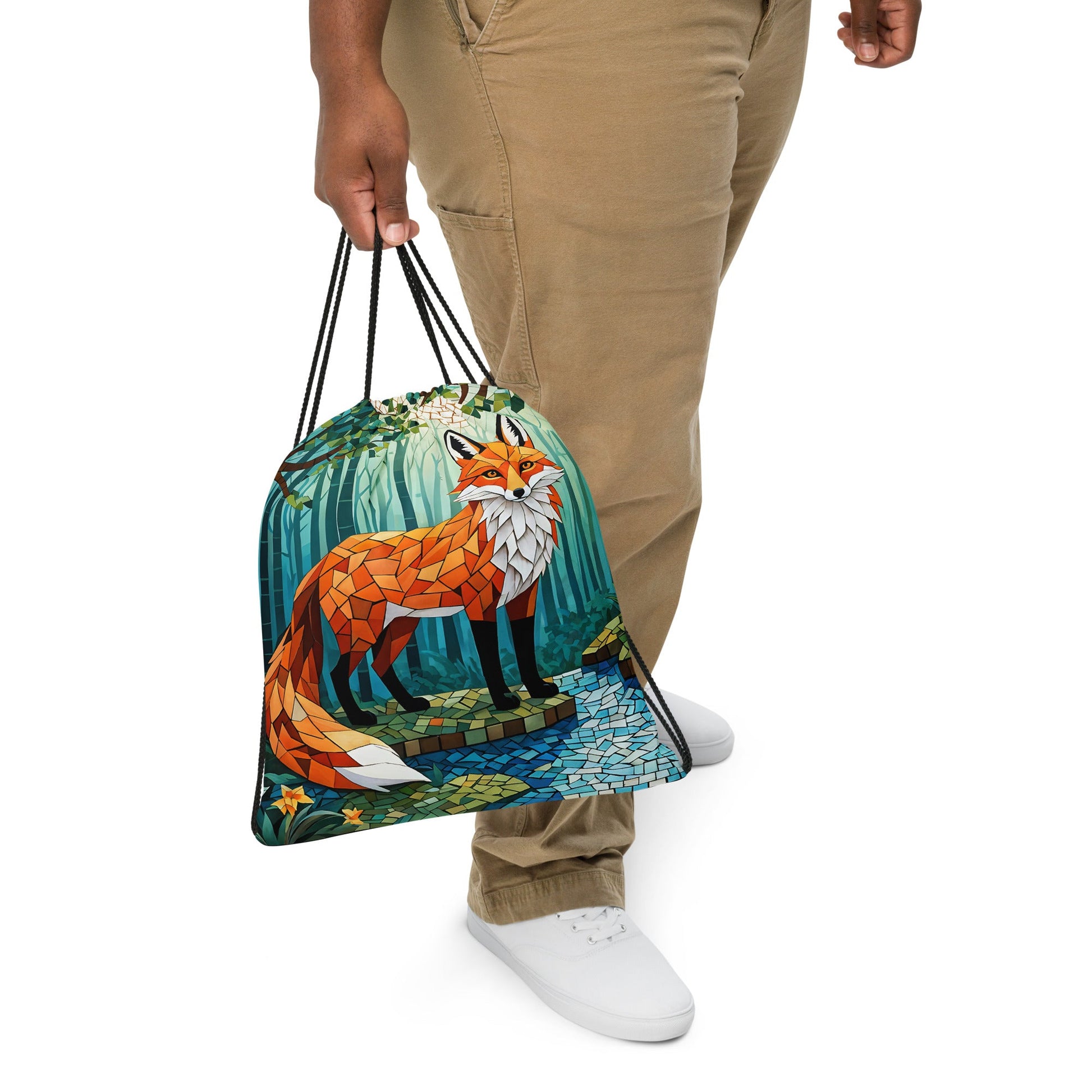 Mosaic Fox By The River Drawstring Bag - Drawstring Bag - Discovery Co.