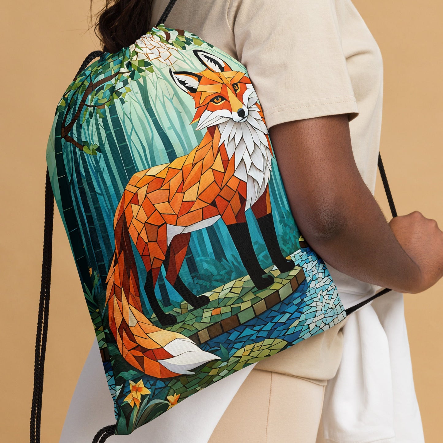 Mosaic Fox By The River Drawstring Bag - Drawstring Bag - Discovery Co.