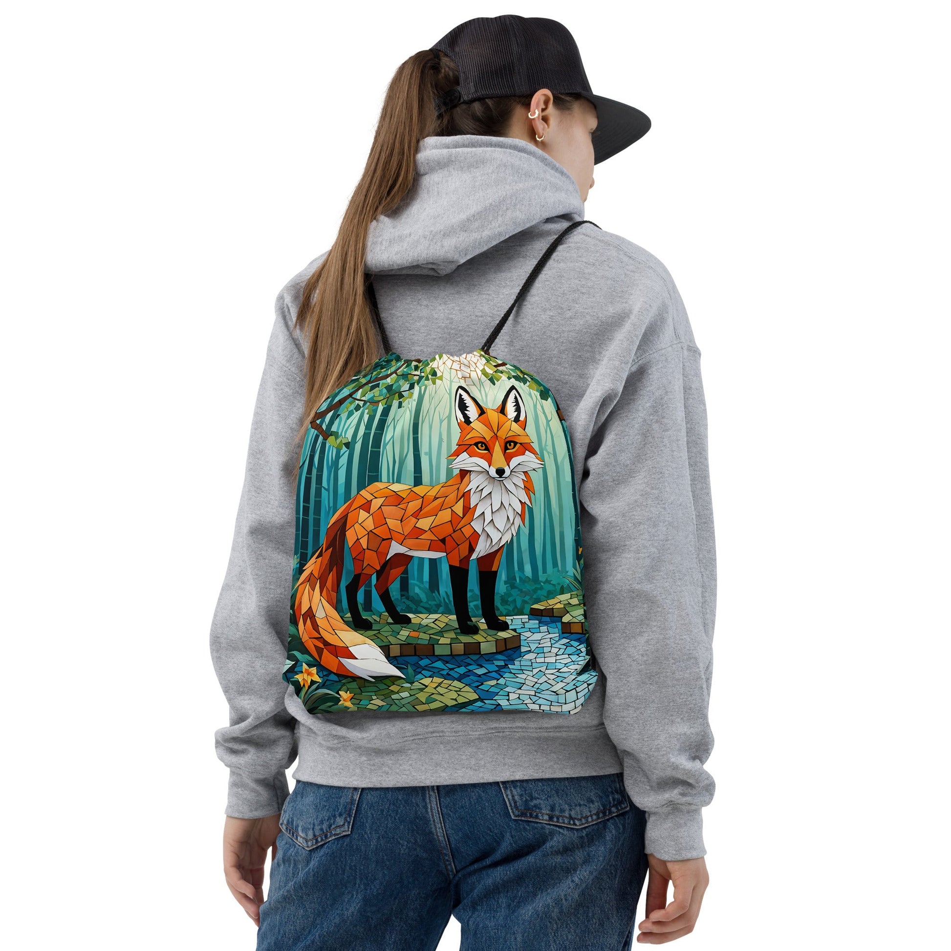 Mosaic Fox By The River Drawstring Bag - Drawstring Bag - Discovery Co.