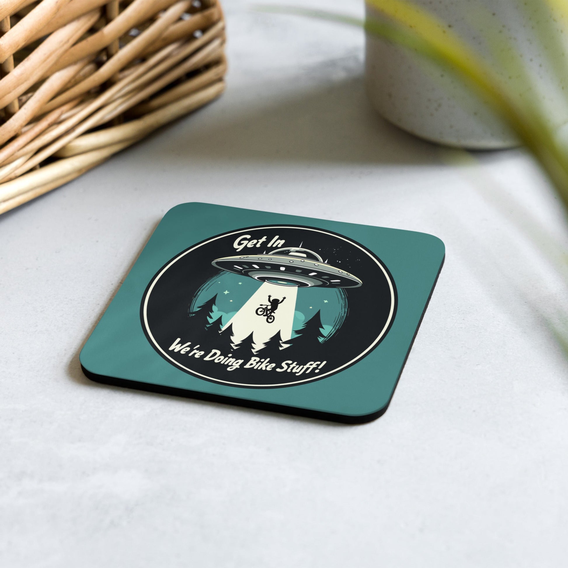 Mountain Biker - UFO Abduction "Get In - We're Doing Bike Stuff!" Cork - Back Coaster - Coasters - Discovery Co.