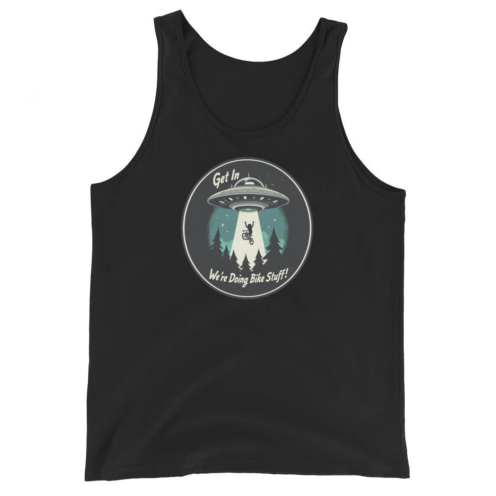 Mountain Biker - UFO Abduction "Get In - We're Doing Bike Stuff!" Men's Tank Top - Men's Shirts - Discovery Co.
