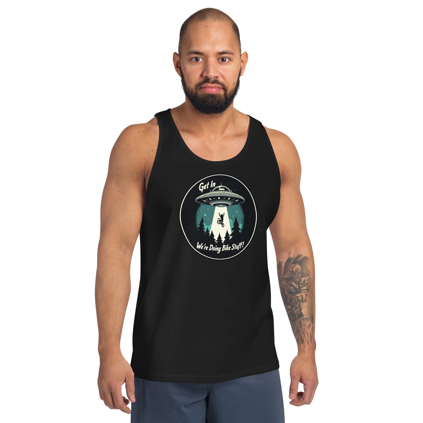 Mountain Biker - UFO Abduction "Get In - We're Doing Bike Stuff!" Men's Tank Top - Men's Shirts - Discovery Co.