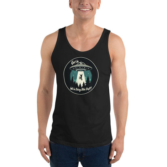 Mountain Biker - UFO Abduction "Get In - We're Doing Bike Stuff!" Men's Tank Top - Men's Shirts - Discovery Co.