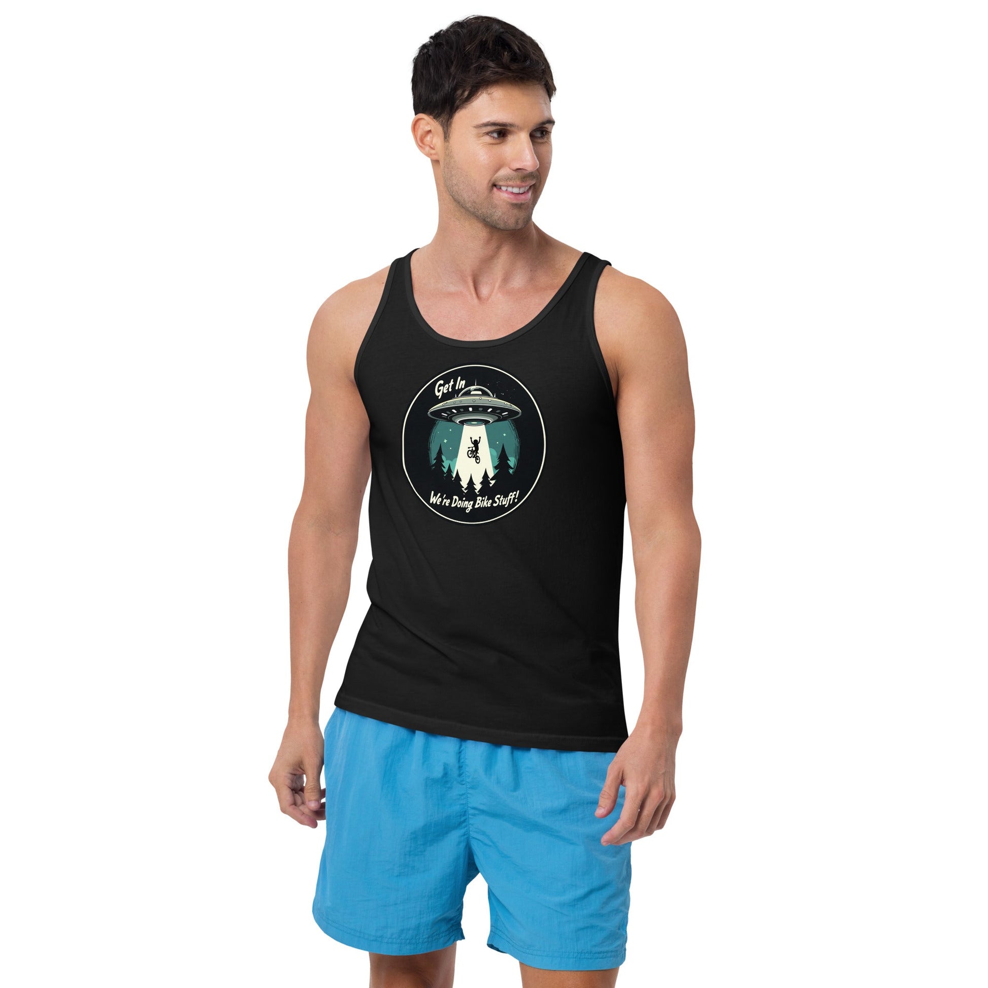 Mountain Biker - UFO Abduction "Get In - We're Doing Bike Stuff!" Men's Tank Top - Men's Shirts - Discovery Co.