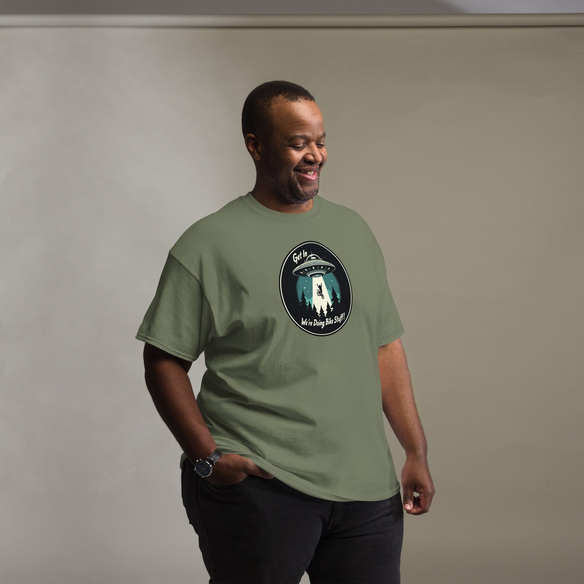 Mountain Biker - UFO Abduction "Get In - We're Doing Bike Stuff!" Men's (Unisex) Classic Tee - Men's Shirts - Discovery Co.