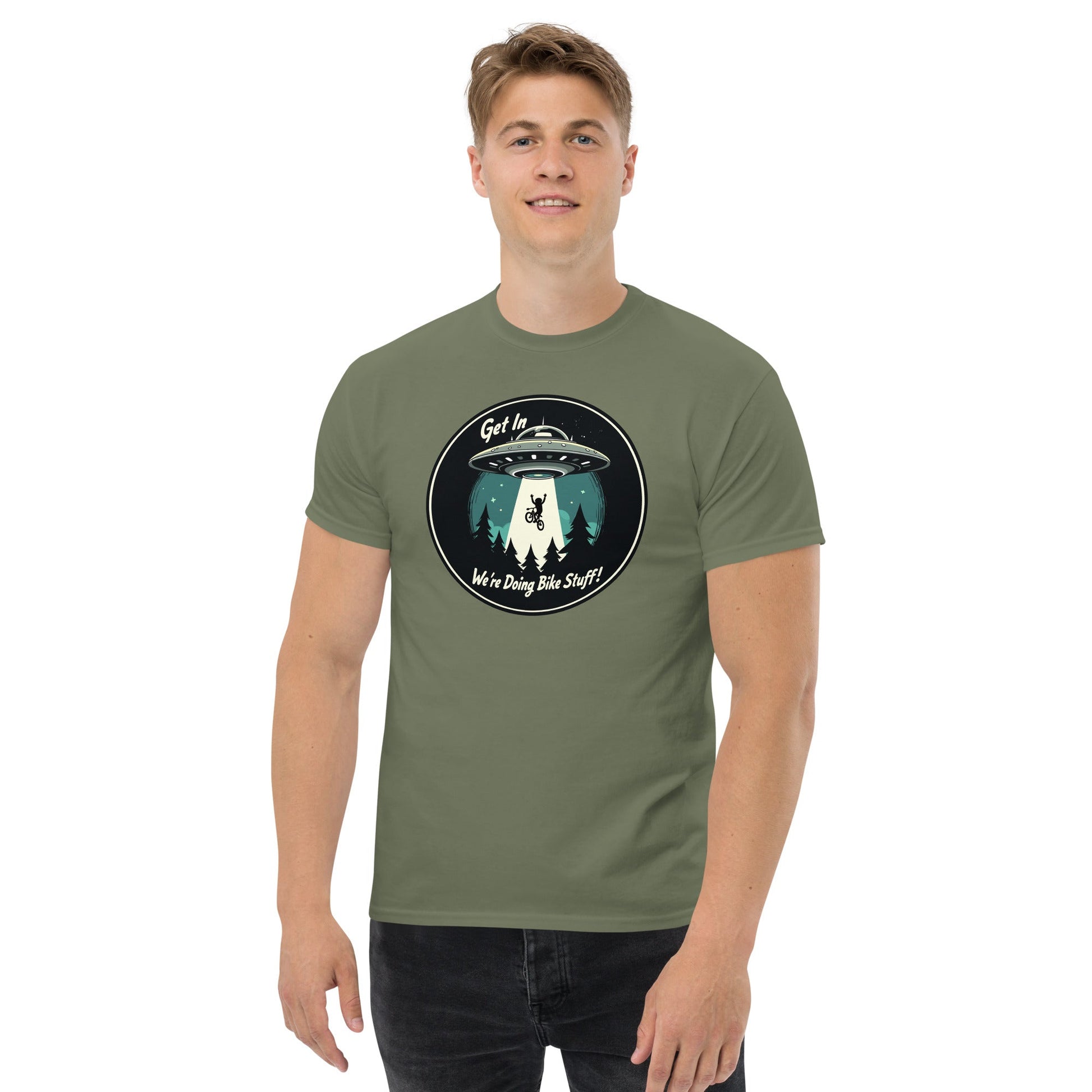Mountain Biker - UFO Abduction "Get In - We're Doing Bike Stuff!" Men's (Unisex) Classic Tee - Men's Shirts - Discovery Co.