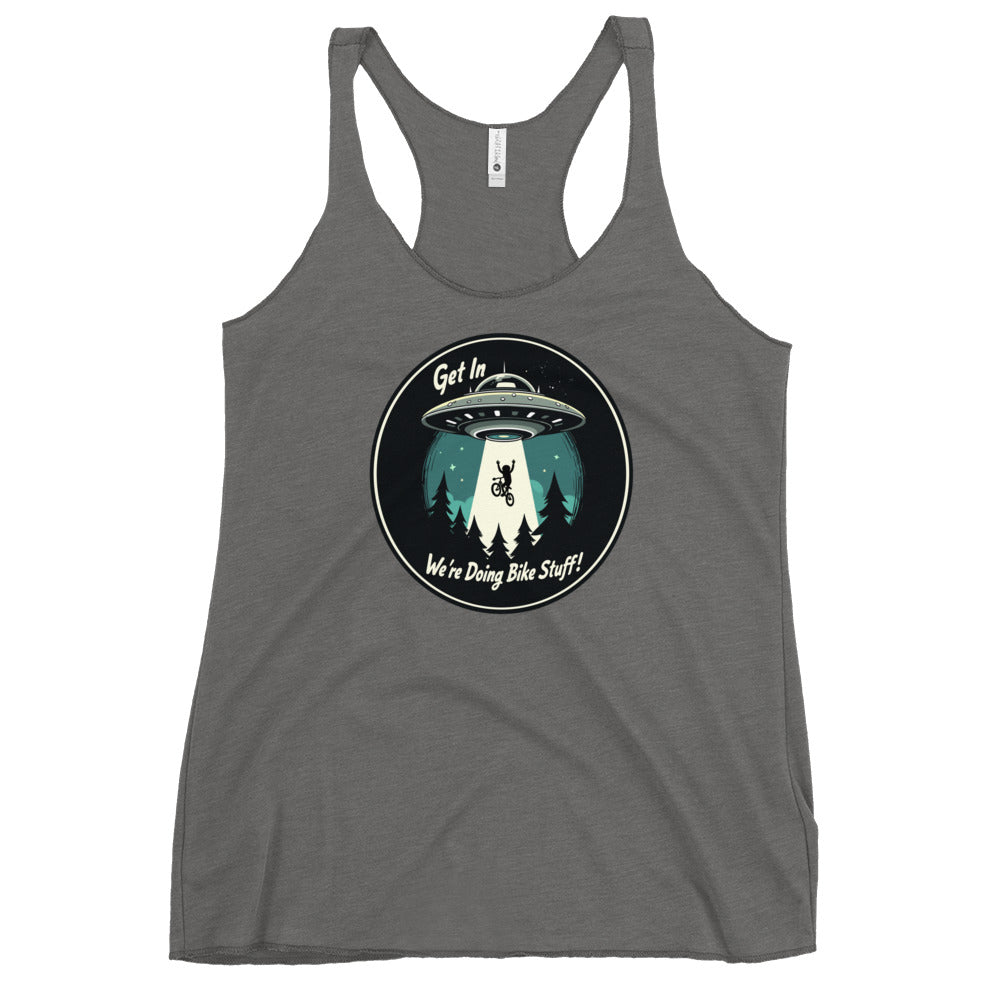 Mountain Biker - UFO Abduction "Get In - We're Doing Bike Stuff!" Women's Racerback Tank - Women's Shirts - Discovery Co.