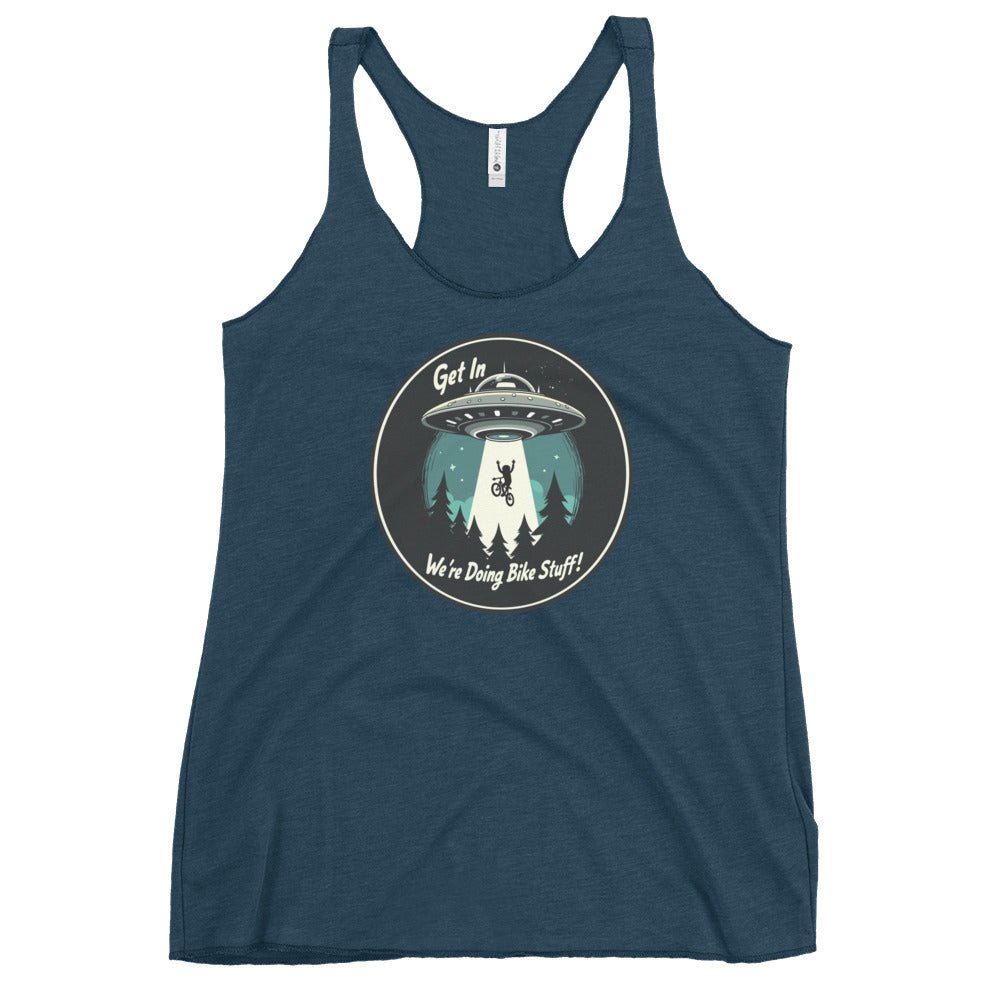 Mountain Biker - UFO Abduction "Get In - We're Doing Bike Stuff!" Women's Racerback Tank - Women's Shirts - Discovery Co.