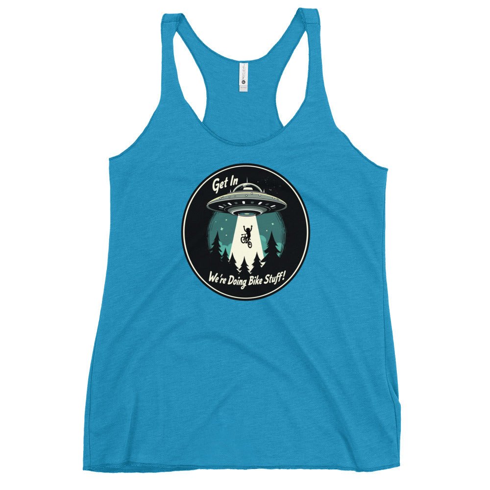 Mountain Biker - UFO Abduction "Get In - We're Doing Bike Stuff!" Women's Racerback Tank - Women's Shirts - Discovery Co.