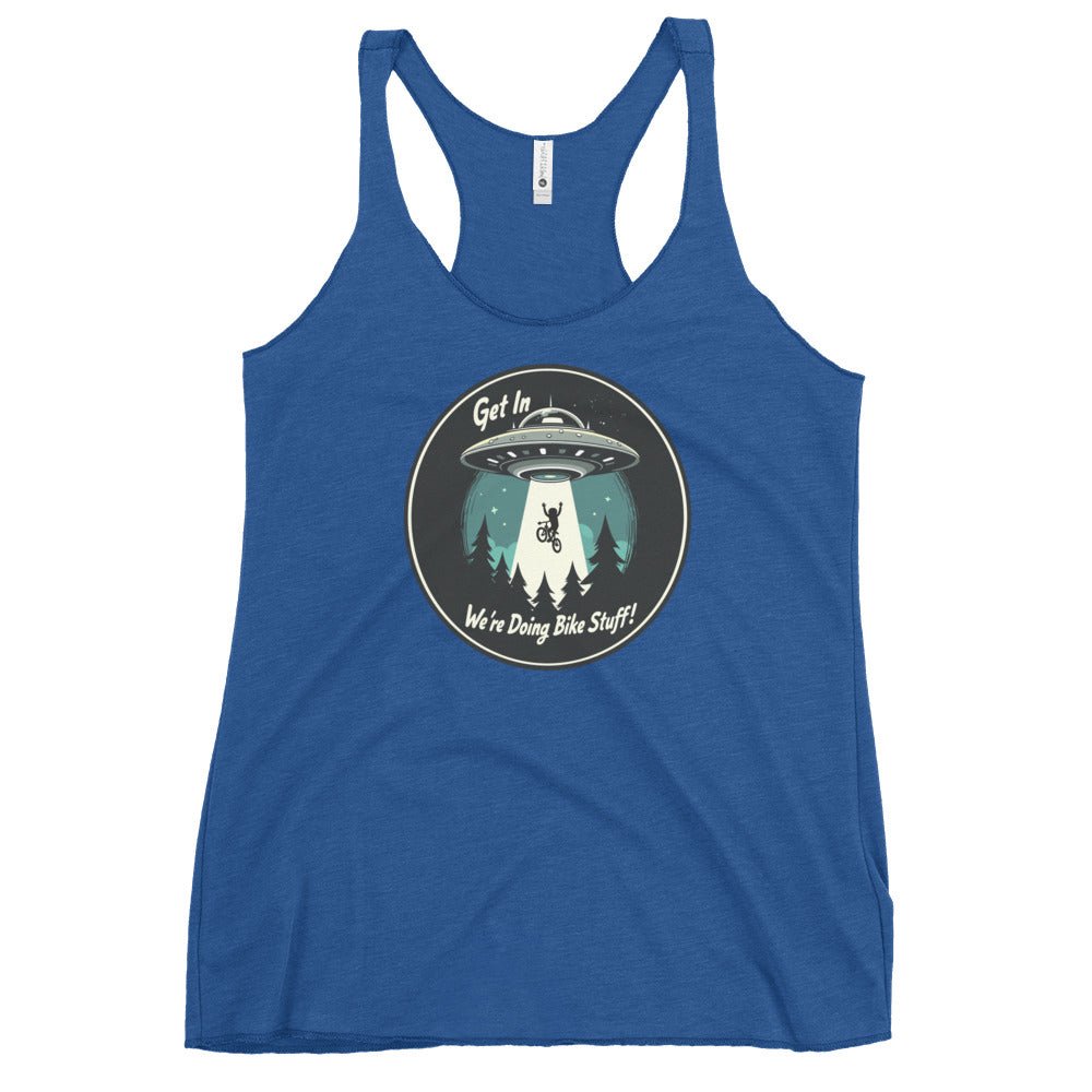 Mountain Biker - UFO Abduction "Get In - We're Doing Bike Stuff!" Women's Racerback Tank - Women's Shirts - Discovery Co.