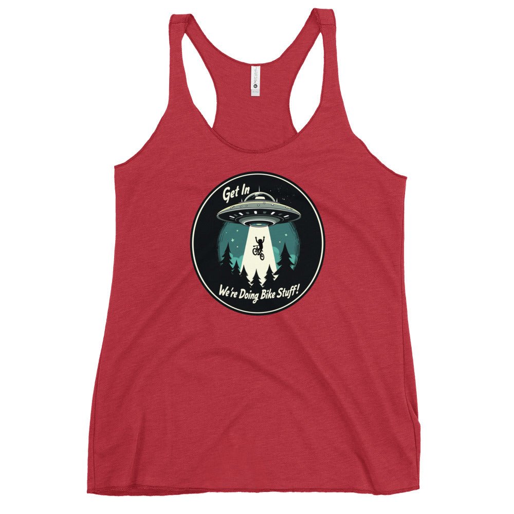 Mountain Biker - UFO Abduction "Get In - We're Doing Bike Stuff!" Women's Racerback Tank - Women's Shirts - Discovery Co.