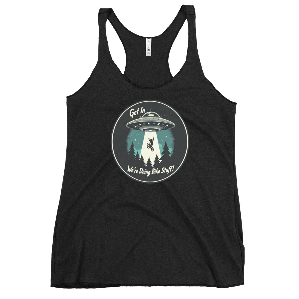 Mountain Biker - UFO Abduction "Get In - We're Doing Bike Stuff!" Women's Racerback Tank - Women's Shirts - Discovery Co.