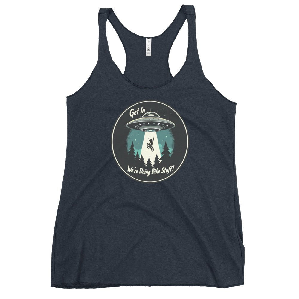 Mountain Biker - UFO Abduction "Get In - We're Doing Bike Stuff!" Women's Racerback Tank - Women's Shirts - Discovery Co.