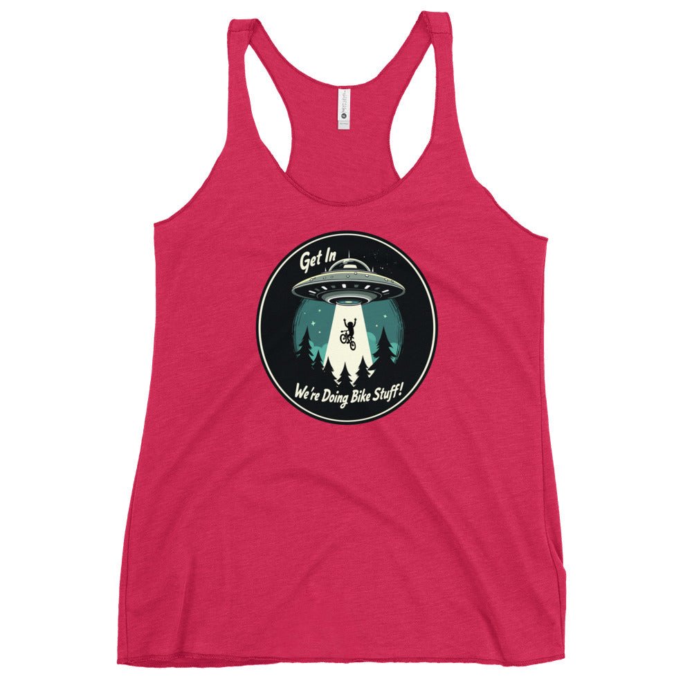 Mountain Biker - UFO Abduction "Get In - We're Doing Bike Stuff!" Women's Racerback Tank - Women's Shirts - Discovery Co.