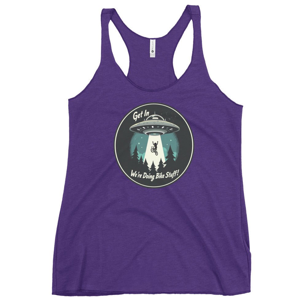 Mountain Biker - UFO Abduction "Get In - We're Doing Bike Stuff!" Women's Racerback Tank - Women's Shirts - Discovery Co.