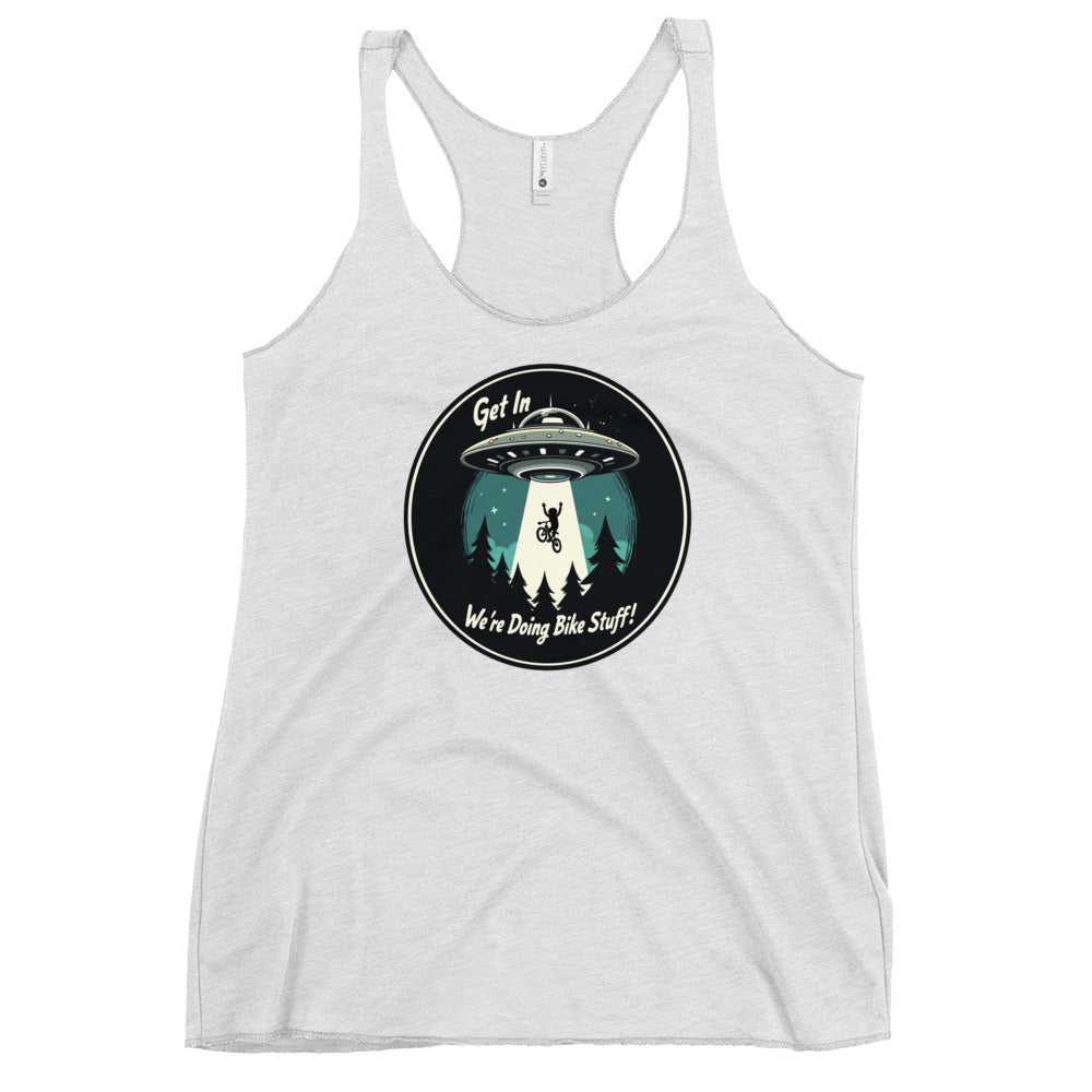 Mountain Biker - UFO Abduction "Get In - We're Doing Bike Stuff!" Women's Racerback Tank - Women's Shirts - Discovery Co.