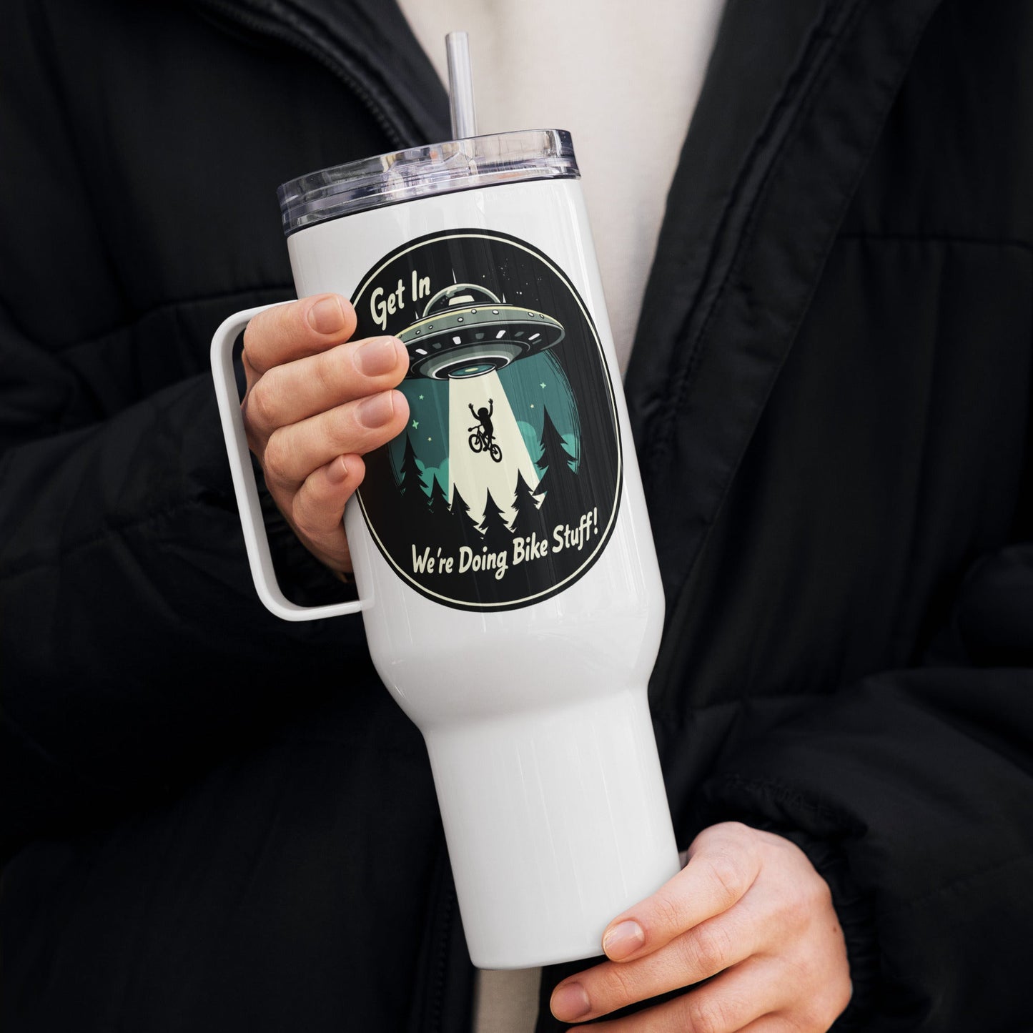 Mountain Biker - UFO Abduction Travel Mug With Handle (25 oz and 40 oz) - Travel Mug - Discovery Co.