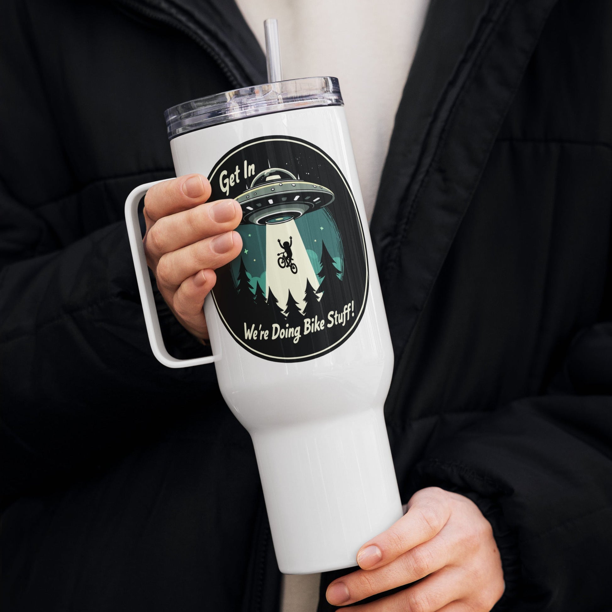 Mountain Biker - UFO Abduction Travel Mug With Handle (25 oz and 40 oz) - Travel Mug - Discovery Co.