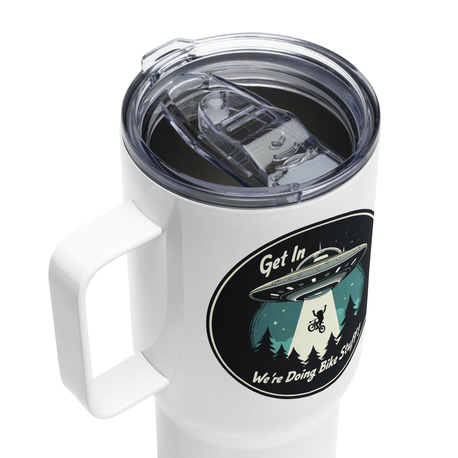 Mountain Biker - UFO Abduction Travel Mug With Handle (25 oz and 40 oz) - Travel Mug - Discovery Co.