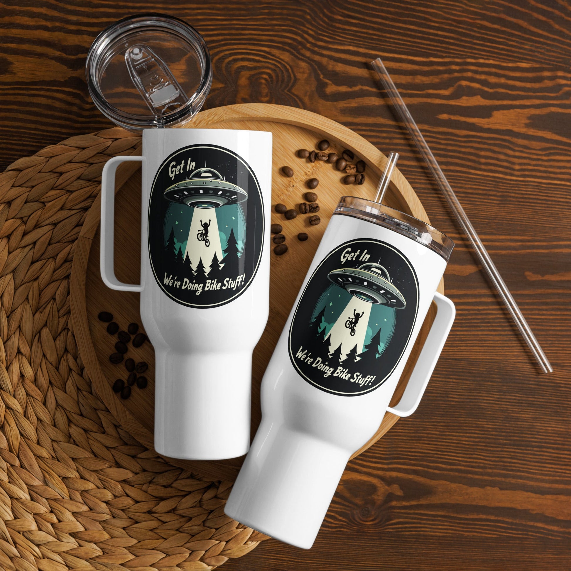Mountain Biker - UFO Abduction Travel Mug With Handle (25 oz and 40 oz) - Travel Mug - Discovery Co.