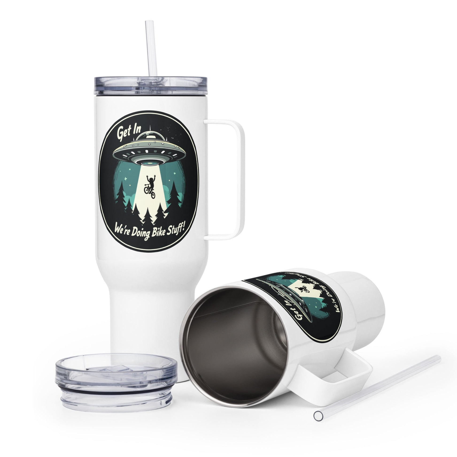 Mountain Biker - UFO Abduction Travel Mug With Handle (25 oz and 40 oz) - Travel Mug - Discovery Co.
