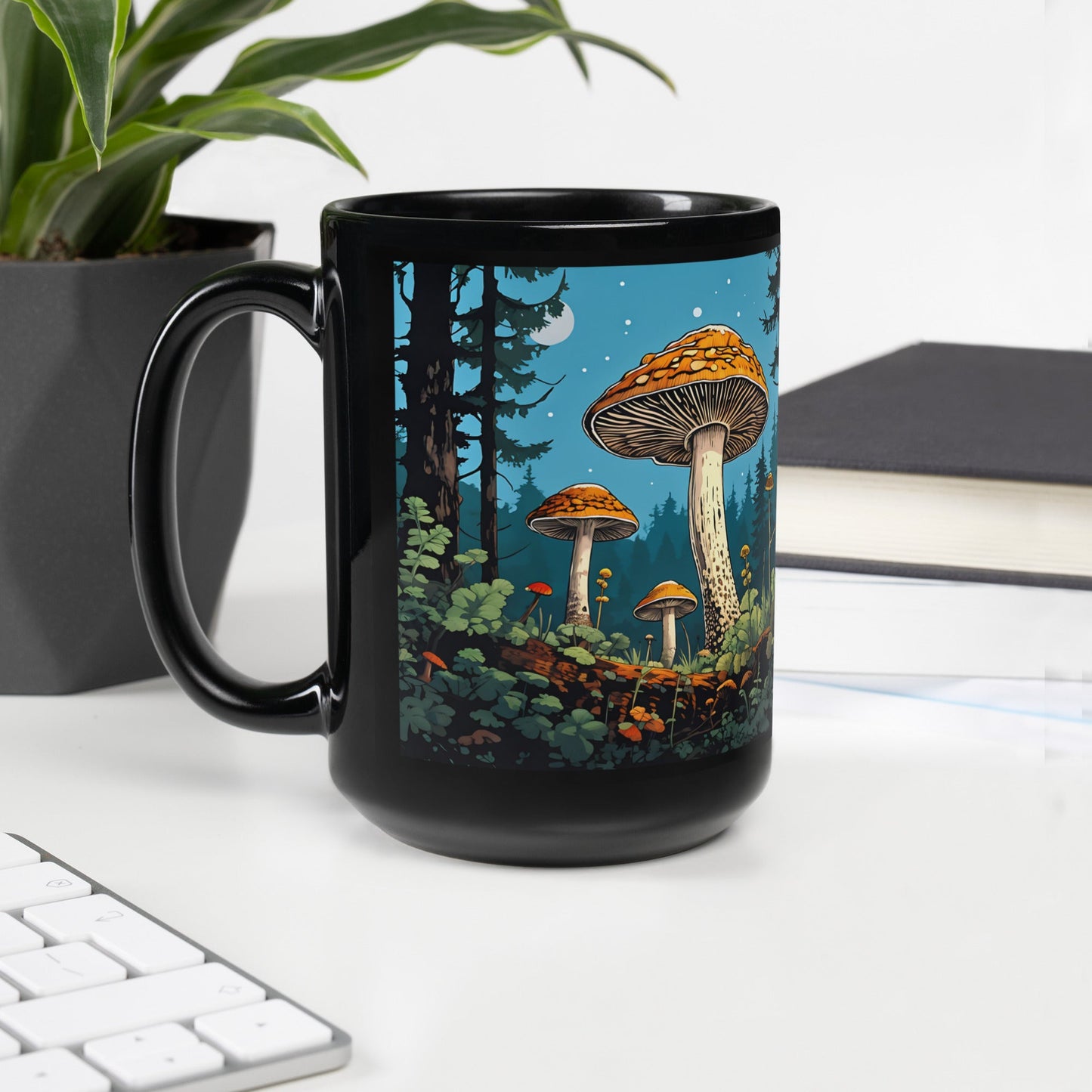 Mushroom Forest At Night Black Glossy Mug (11 oz, 15 oz) - Mugs - Discovery Co.