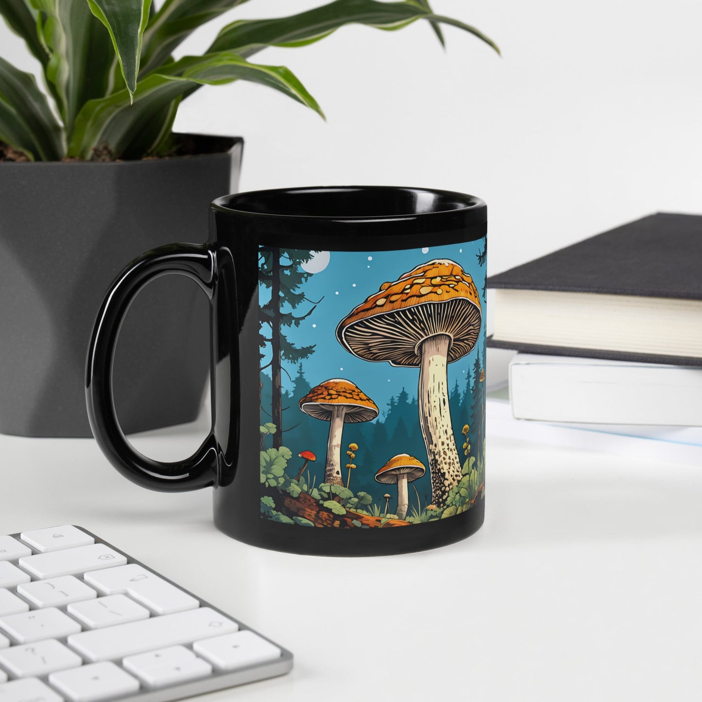 Mushroom Forest At Night Black Glossy Mug (11 oz) - Mugs - Discovery Co.