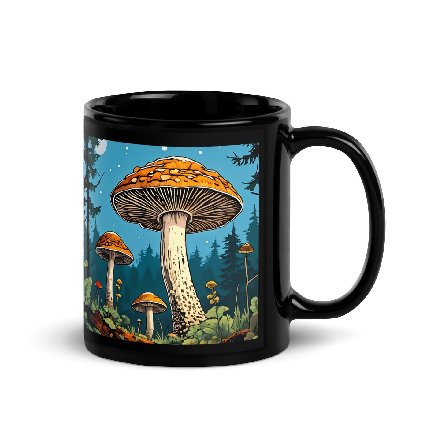 Mushroom Forest At Night Black Glossy Mug (11 oz) - Mugs - Discovery Co.