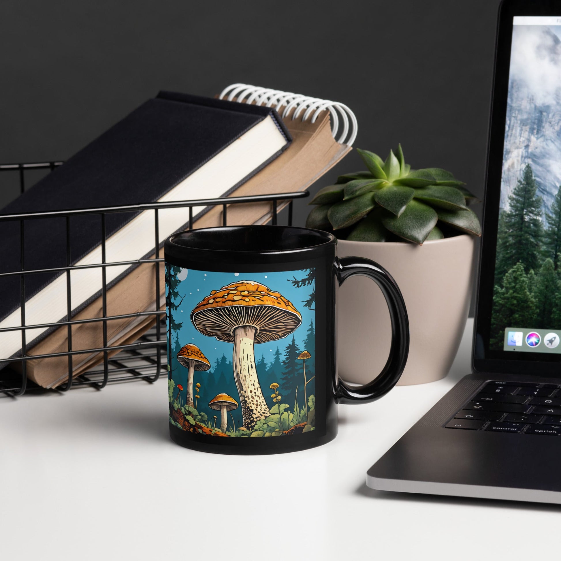 Mushroom Forest At Night Black Glossy Mug (11 oz) - Mugs - Discovery Co.