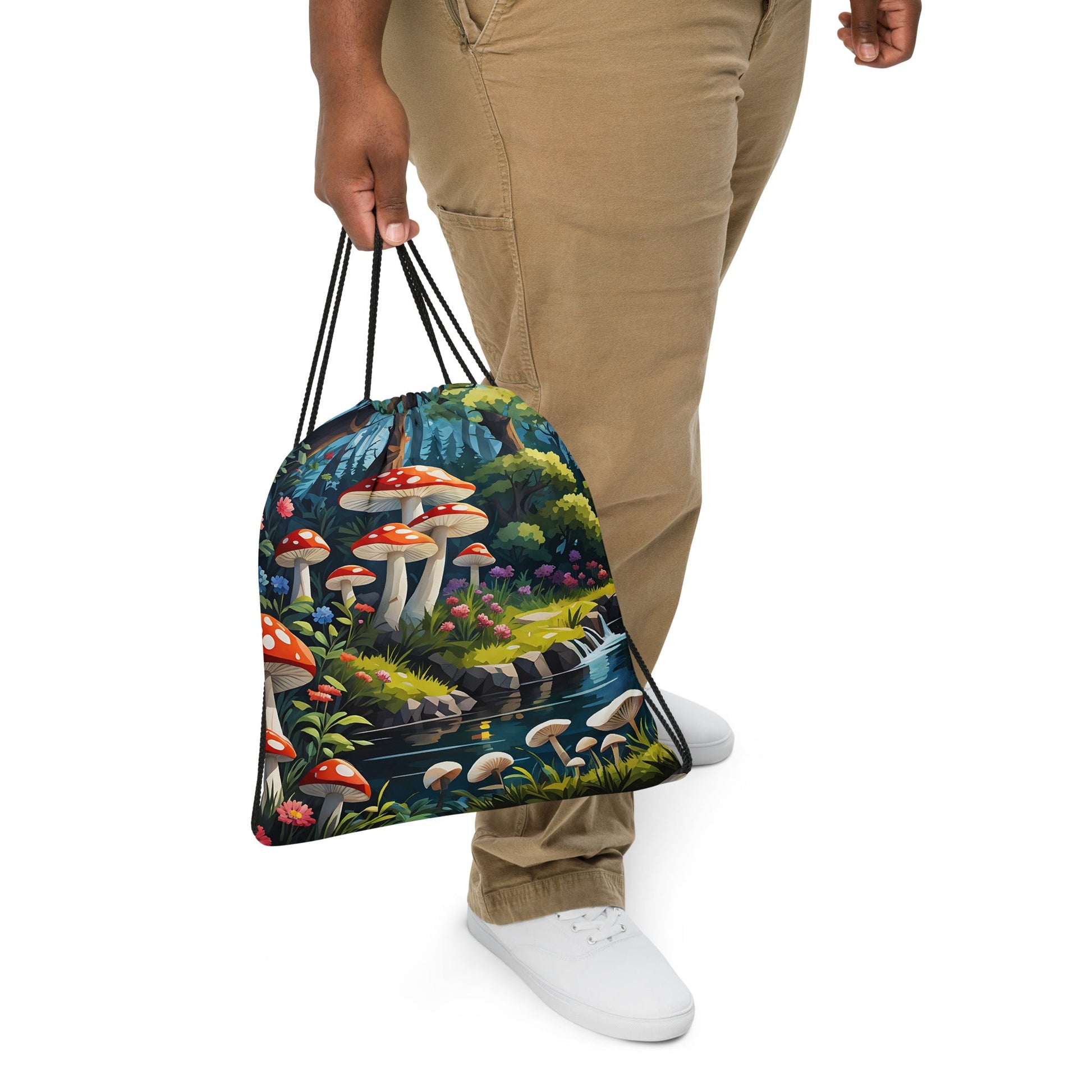Mushrooms By The River II Drawstring Bag - Drawstring Bag - Discovery Co.
