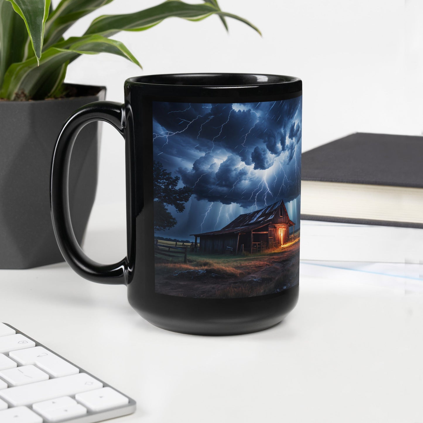 Old Barn In A Lightning Storm Black Glossy Mug (11 oz, 15 oz) - Discovery Co.