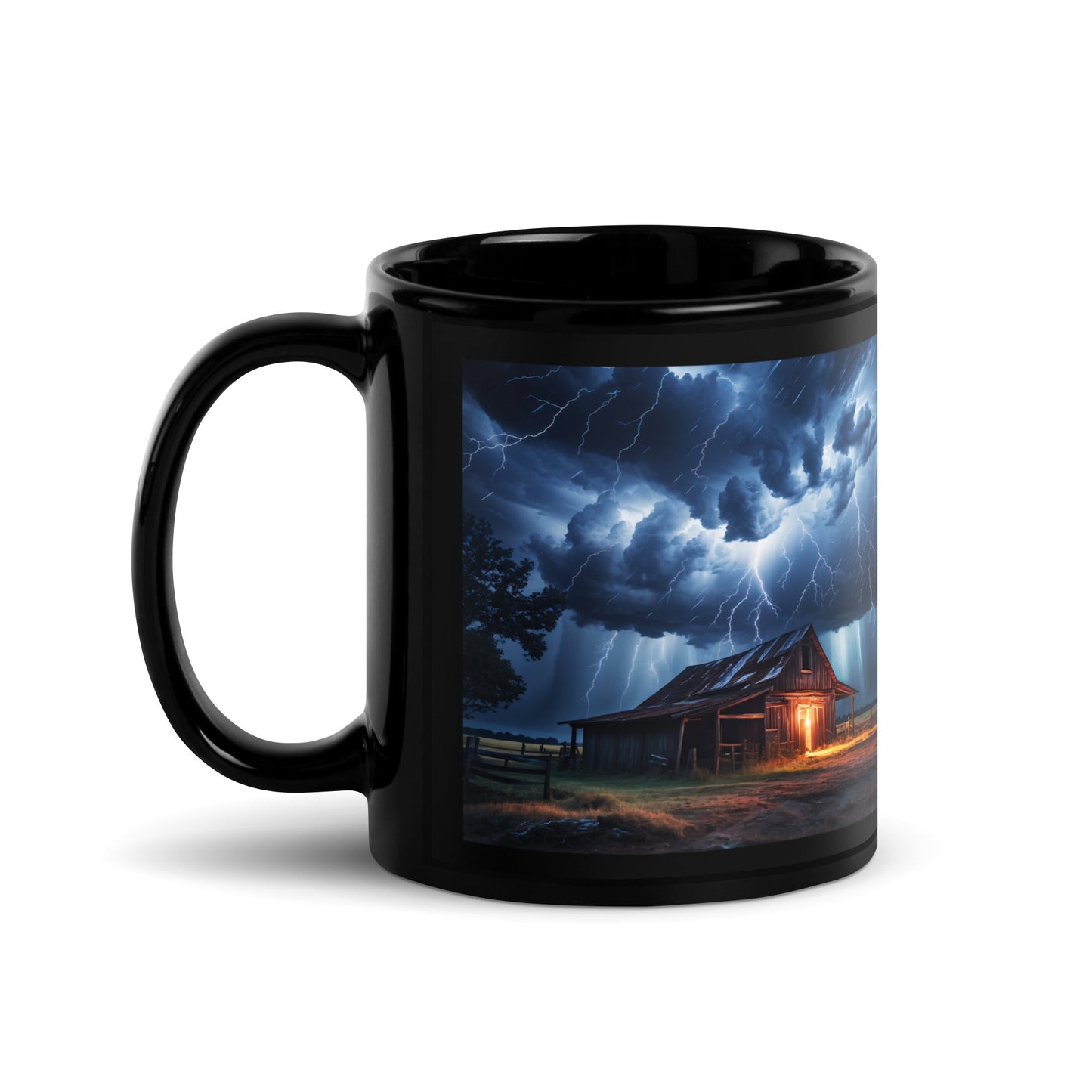 Old Barn In A Lightning Storm Black Glossy Mug (11 oz) - Discovery Co.