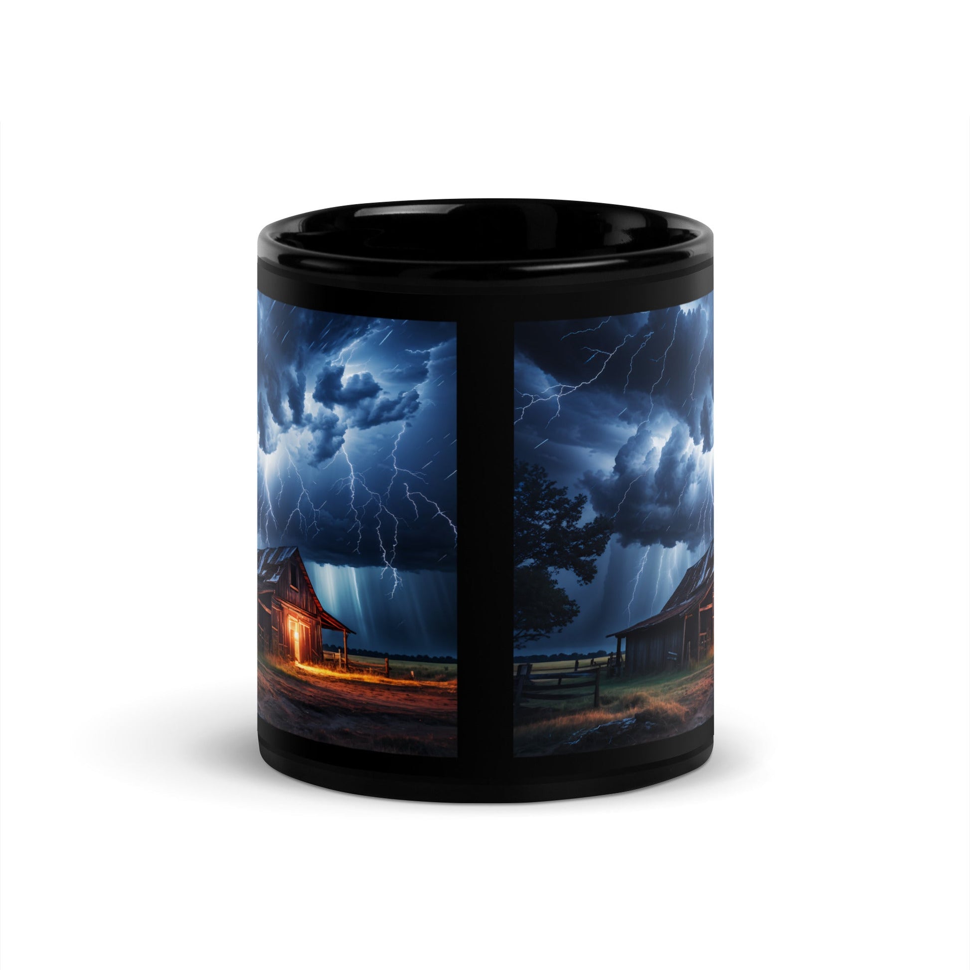 Old Barn In A Lightning Storm Black Glossy Mug (11 oz) - Discovery Co.