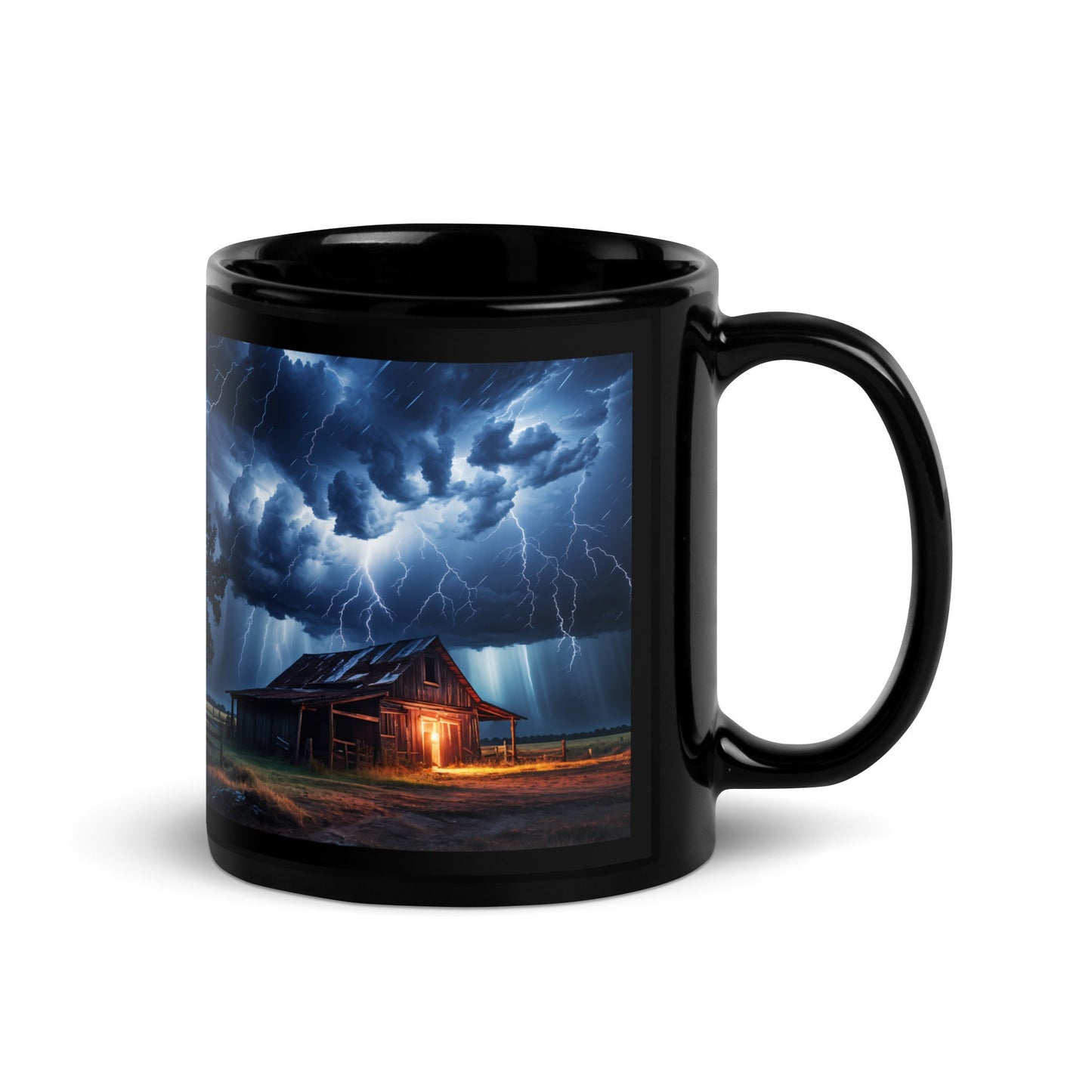 Old Barn In A Lightning Storm Black Glossy Mug (11 oz) - Discovery Co.