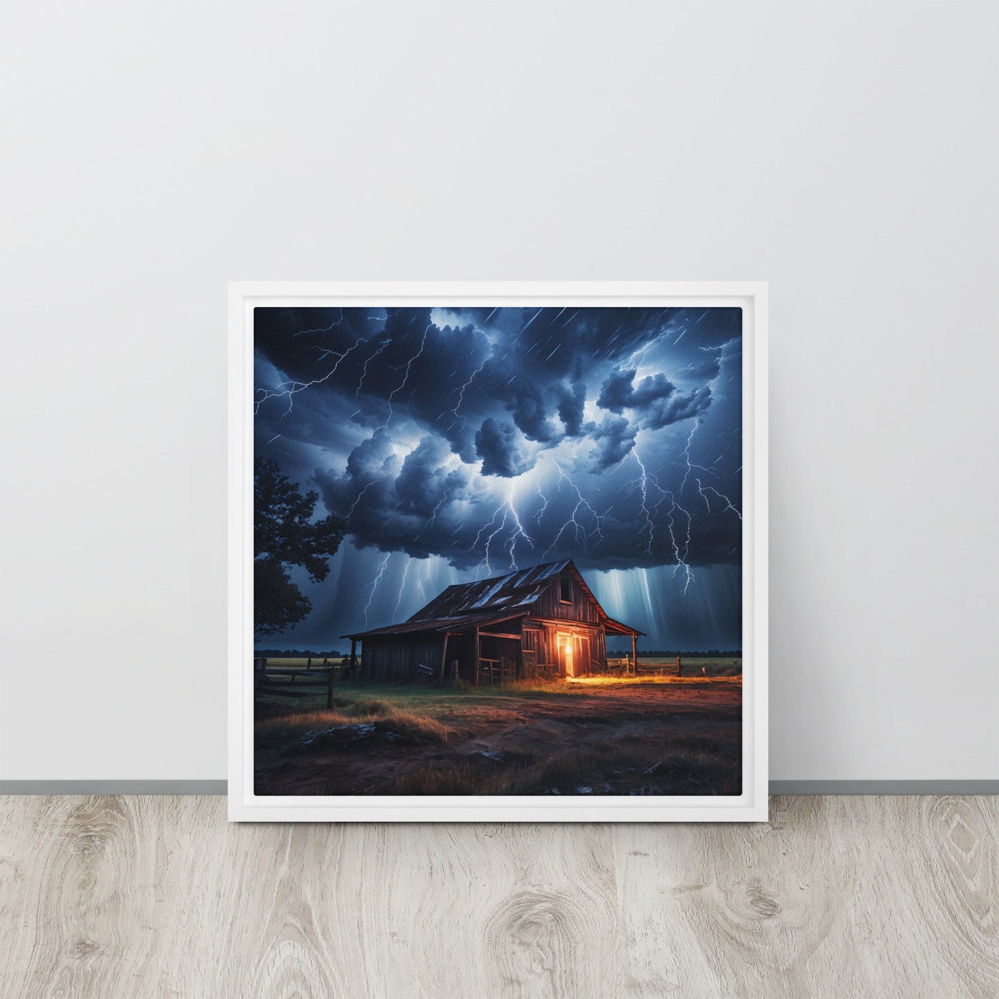 Old Barn In Lightning Storm Framed Canvas - Canvas Prints - Discovery Co.