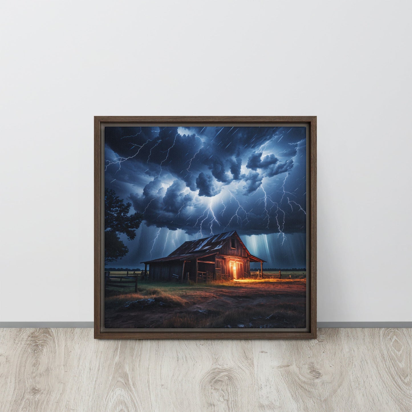 Old Barn In Lightning Storm Framed Canvas - Canvas Prints - Discovery Co.