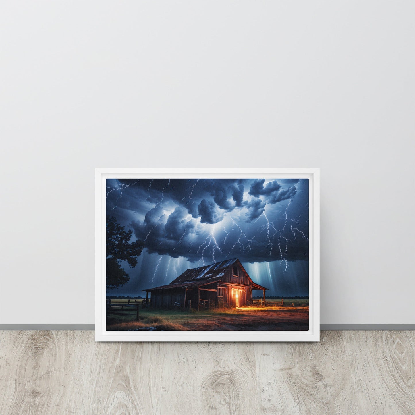 Old Barn In Lightning Storm Framed Canvas - Canvas Prints - Discovery Co.