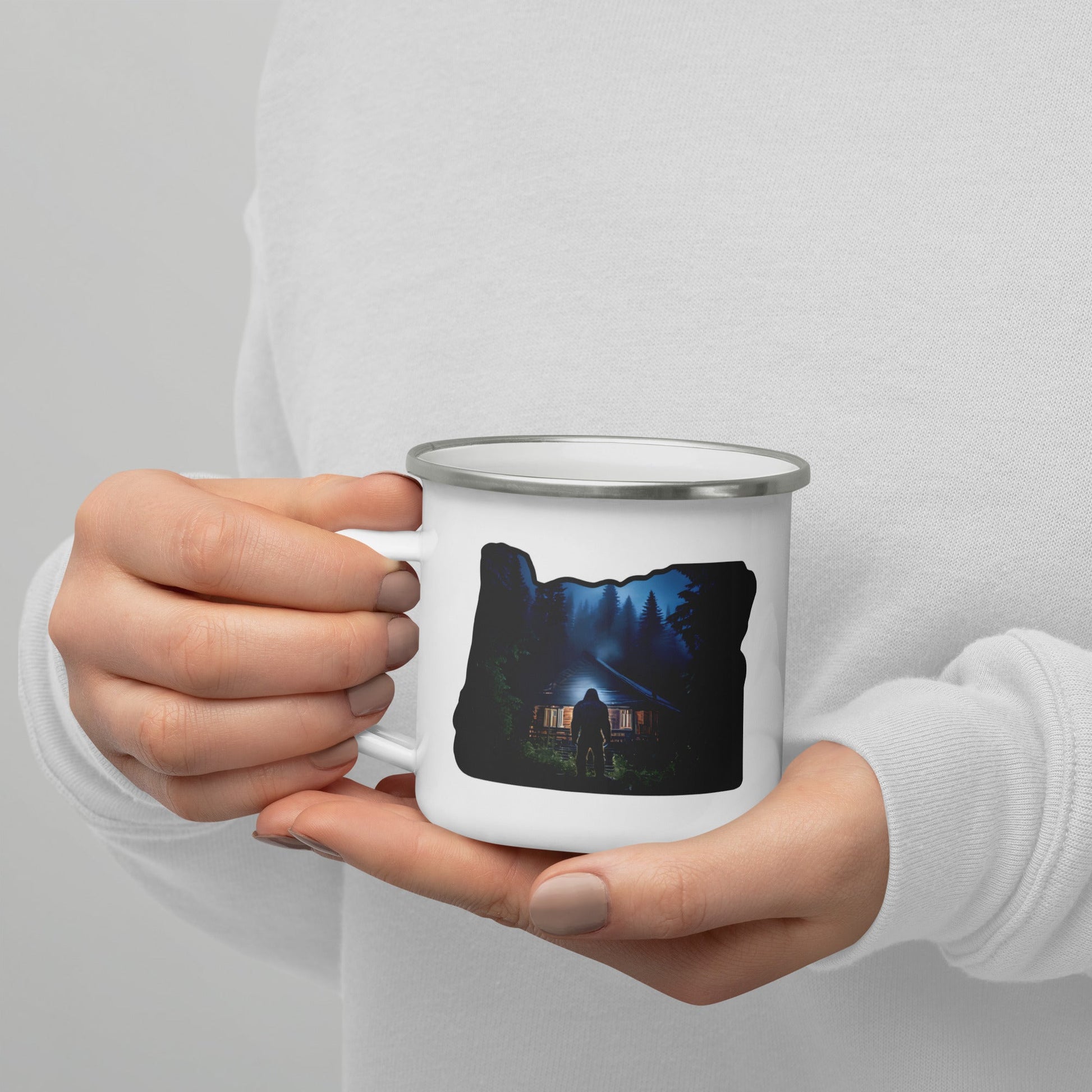 Oregon Bigfoot Visits Enamel Mug - Mugs - Discovery Co.