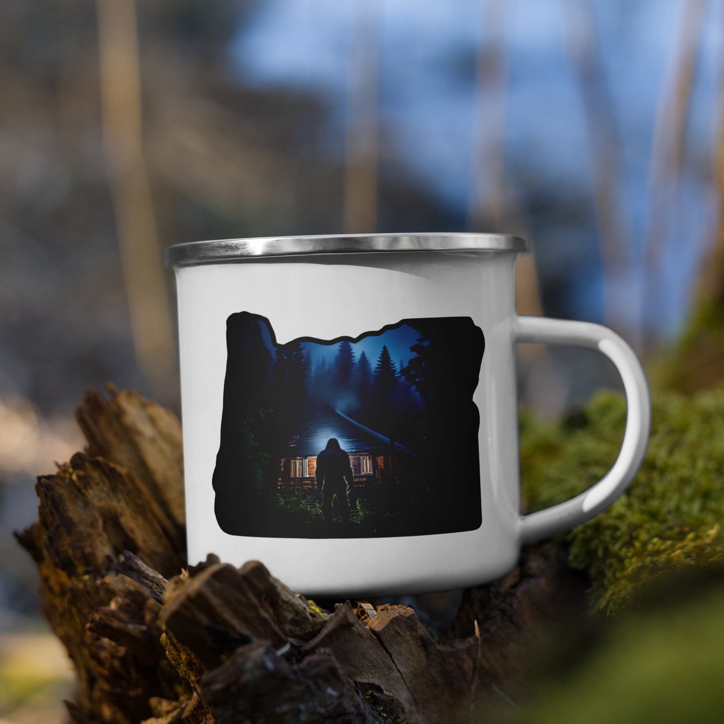 Oregon Bigfoot Visits Enamel Mug - Mugs - Discovery Co.