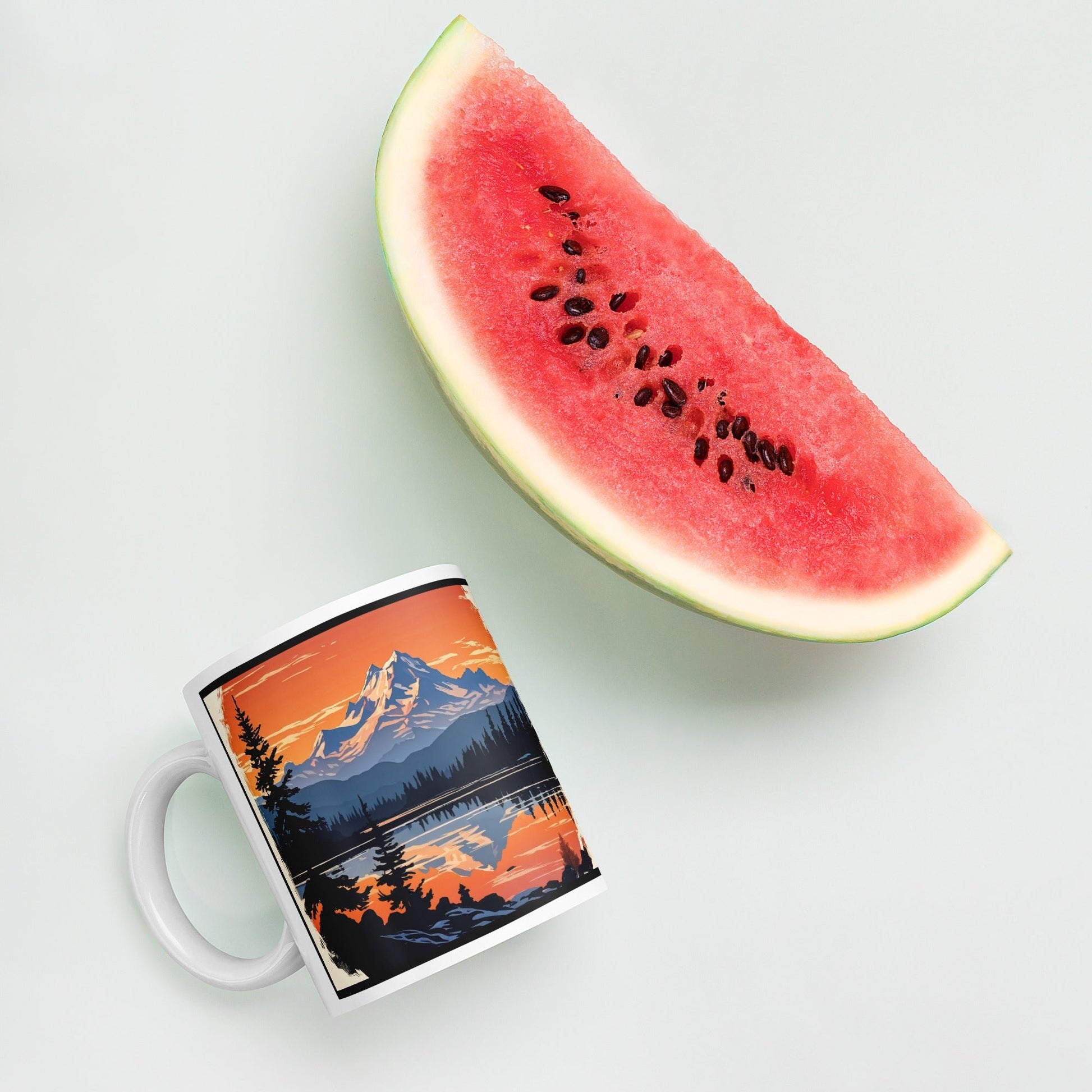 Outlined Orange Sky Over Mountains White Glossy Mug (11 oz, 15 oz, 20 oz) - Mugs - Discovery Co.