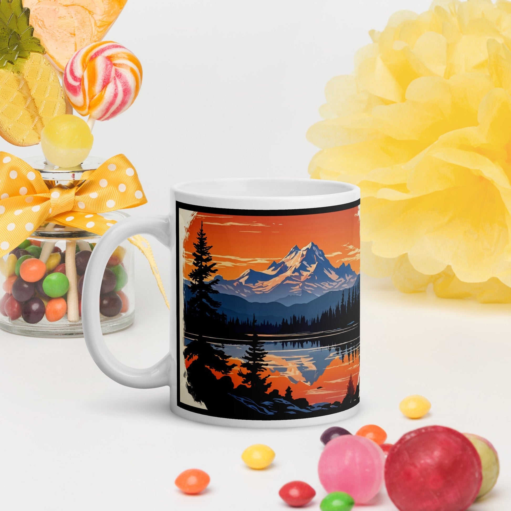 Outlined Orange Sky Over Mountains White Glossy Mug (11 oz, 15 oz, 20 oz) - Mugs - Discovery Co.