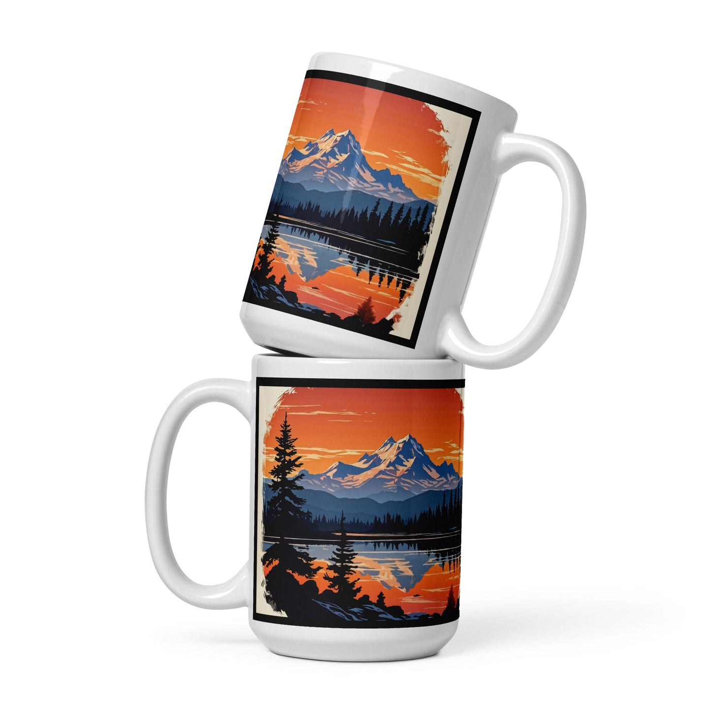 Outlined Orange Sky Over Mountains White Glossy Mug (11 oz, 15 oz, 20 oz) - Mugs - Discovery Co.