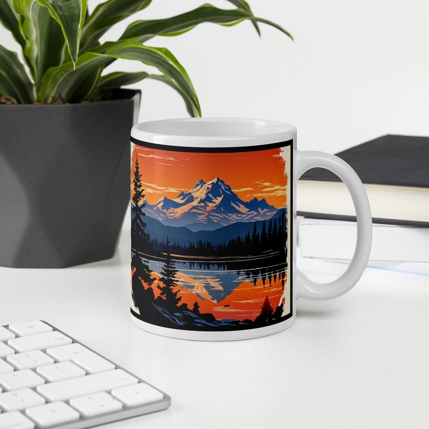 Outlined Orange Sky Over Mountains White Glossy Mug (11 oz, 15 oz, 20 oz) - Mugs - Discovery Co.