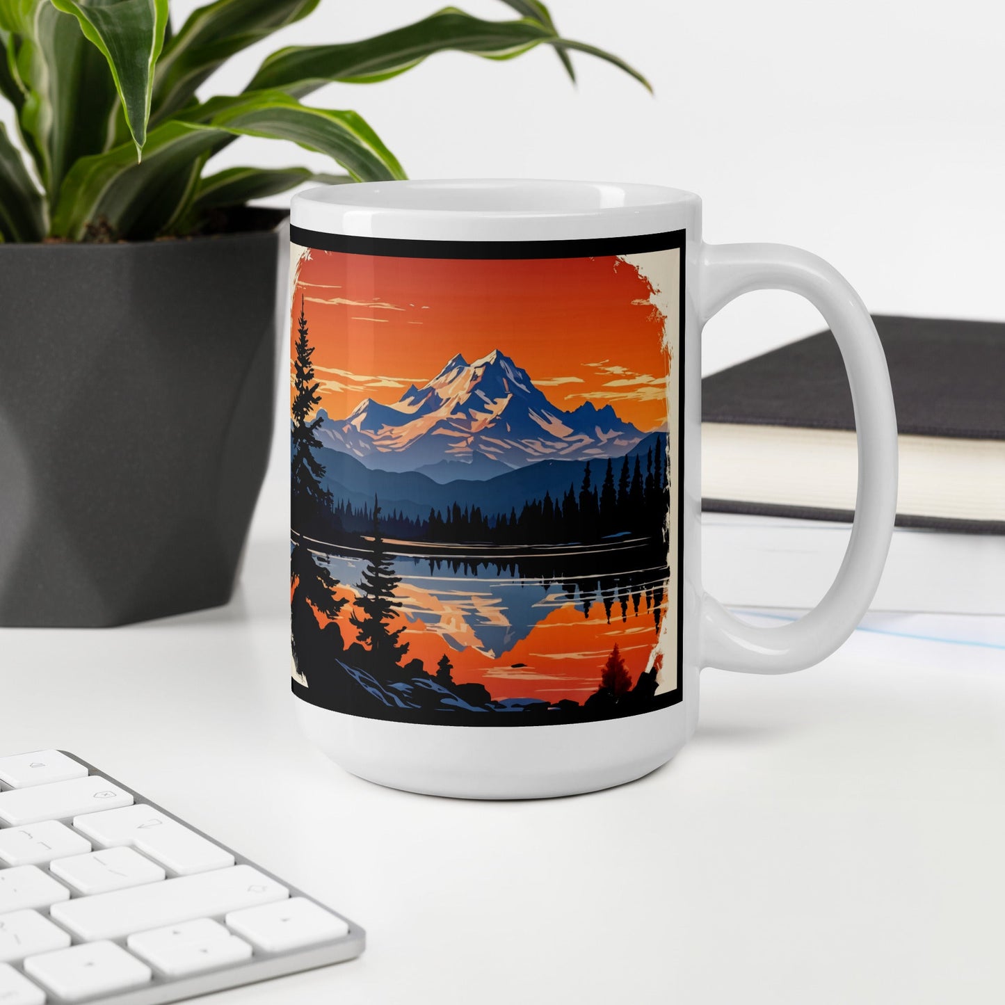 Outlined Orange Sky Over Mountains White Glossy Mug (11 oz, 15 oz, 20 oz) - Mugs - Discovery Co.