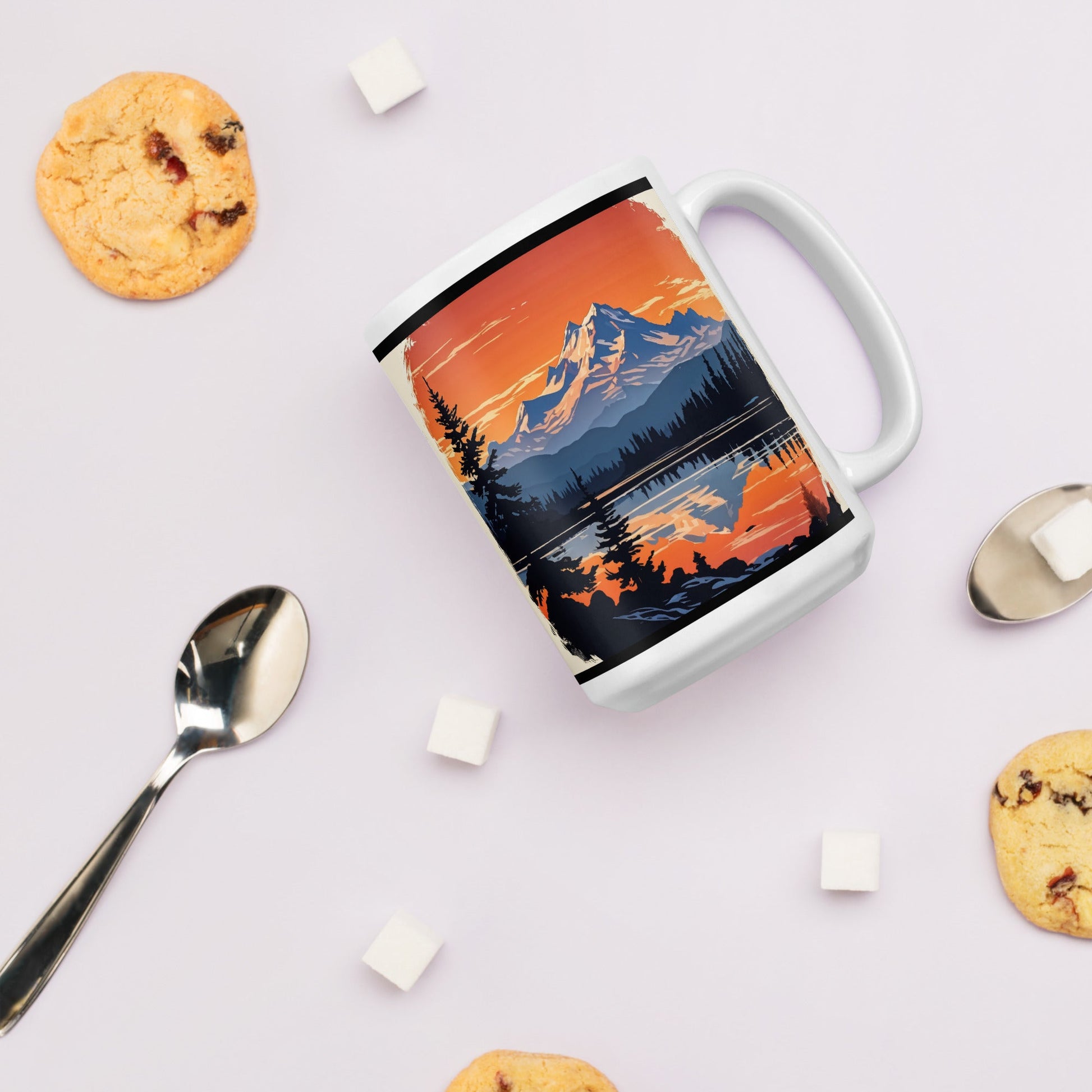 Outlined Orange Sky Over Mountains White Glossy Mug (11 oz, 15 oz, 20 oz) - Mugs - Discovery Co.