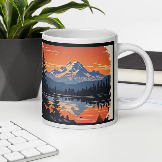 Outlined Orange Sky Over Mountains White Glossy Mug (11 oz, 15 oz, 20 oz) - Mugs - Discovery Co.