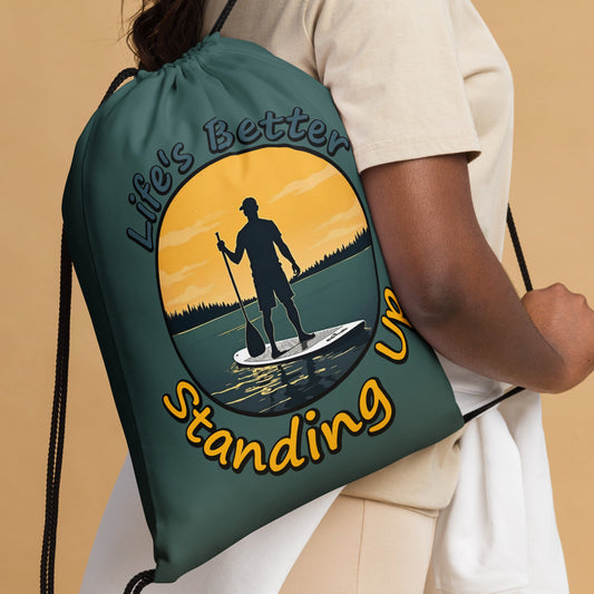 Paddle Boarding "Life's Better Standing Up" Drawstring Bag - Drawstring Bag - Discovery Co.
