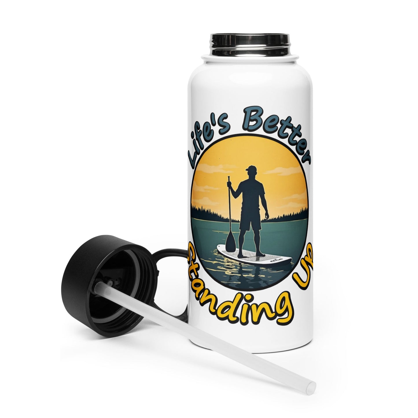 Paddle Boarding "Life's Better Standing Up" Stainless Steel Water Bottle With Straw Lid - Stainless Steel Water Bottle With Straw Lid - Discovery Co.