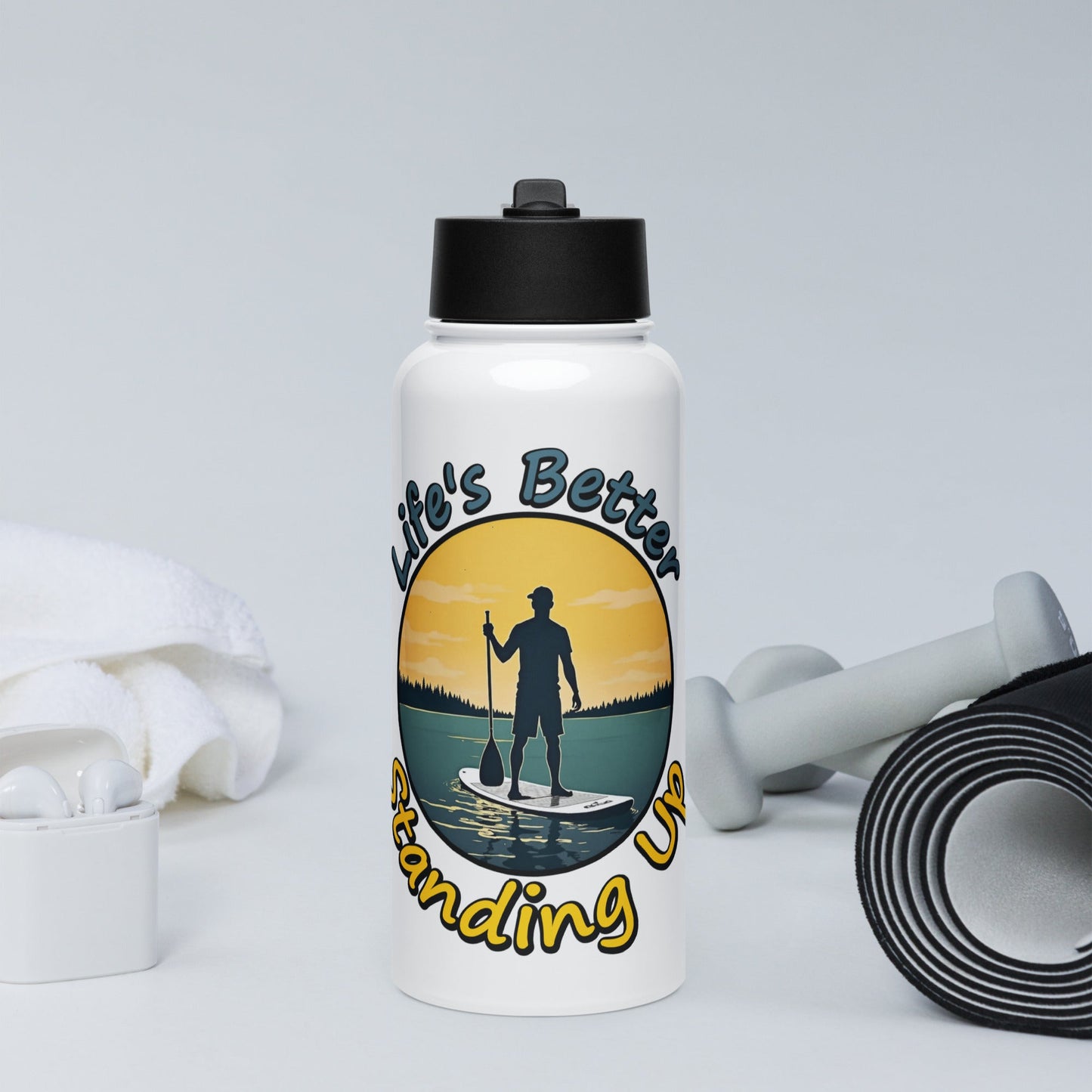 Paddle Boarding "Life's Better Standing Up" Stainless Steel Water Bottle With Straw Lid - Stainless Steel Water Bottle With Straw Lid - Discovery Co.